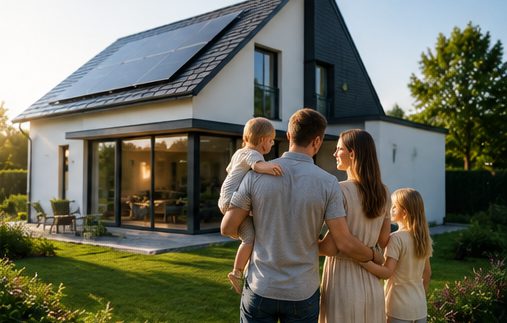 Glückliche Familie vor ihrem sanierten Zuhause