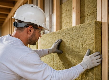 Handwerker bei der Dämmung, Vorher-Zustand