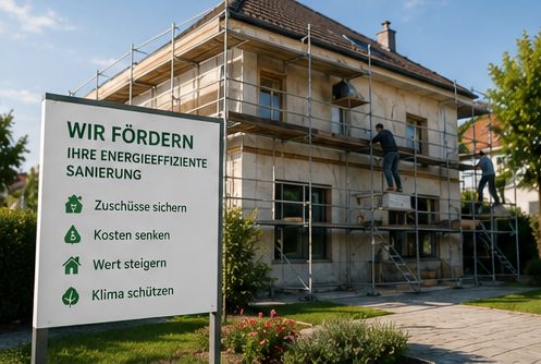 Vorher – Haus während der energetischen Sanierung mit Gerüst
